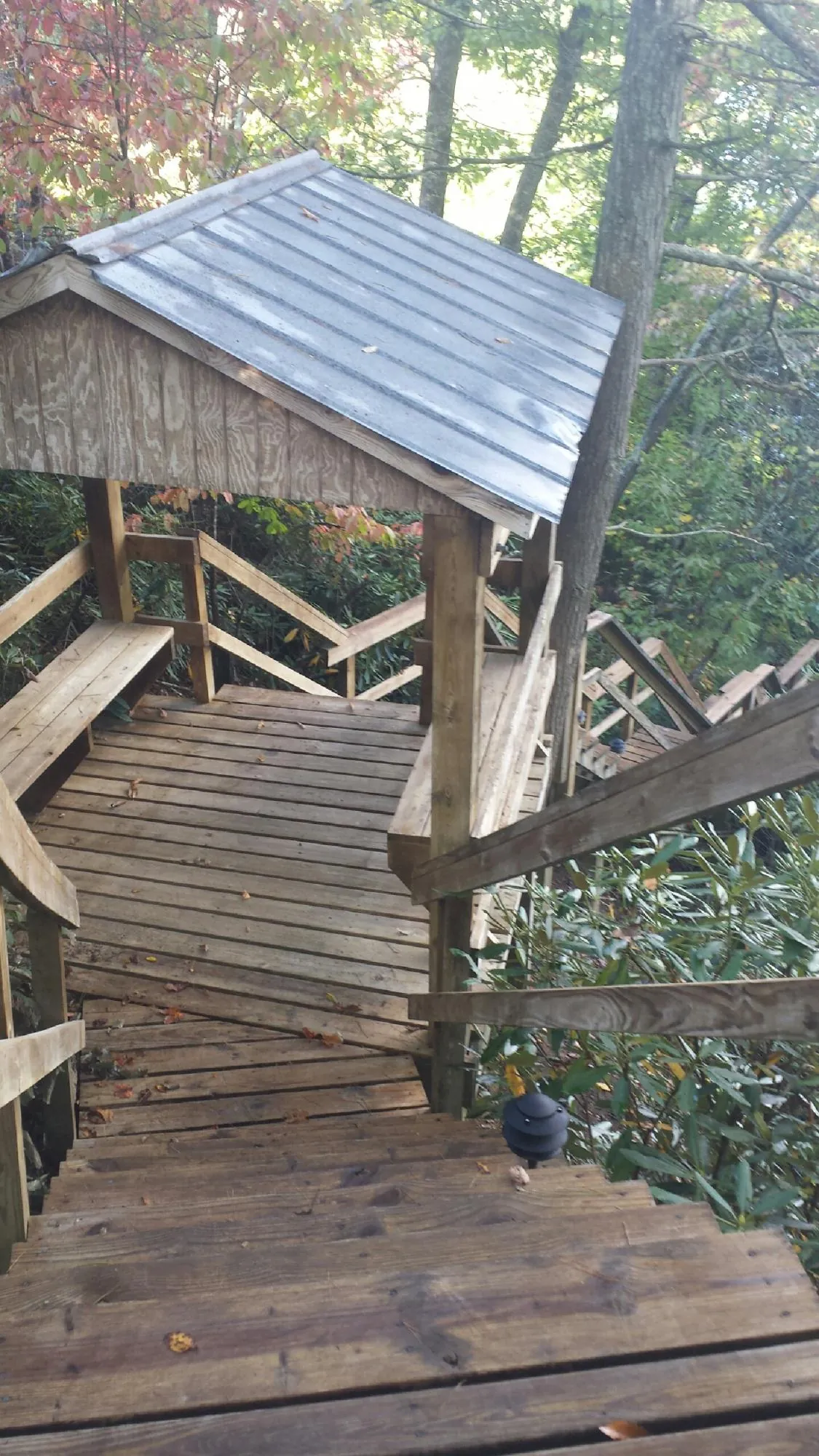 Metal roofed shelter over wooden steps on a wooded walkway — Skylight Repair & Installation work by our crew in Prairie Grove