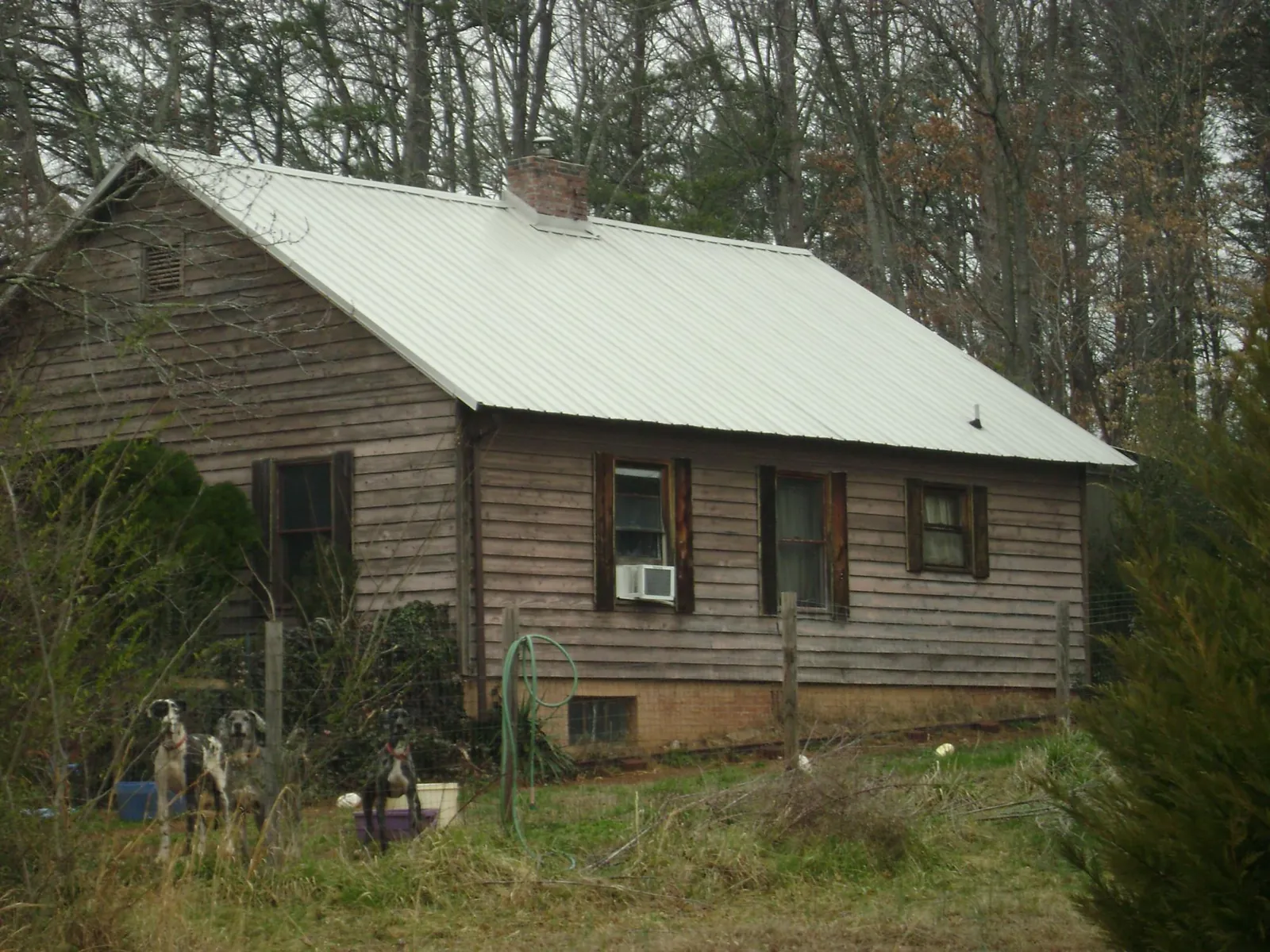 White metal roof on an old wood sided farmhouse, from a Metal Roof Installation job in Prairie Grove